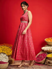 Women Fuchsia Jacquard Floral Self-Belt Anarkali Dress-SHDRS13328