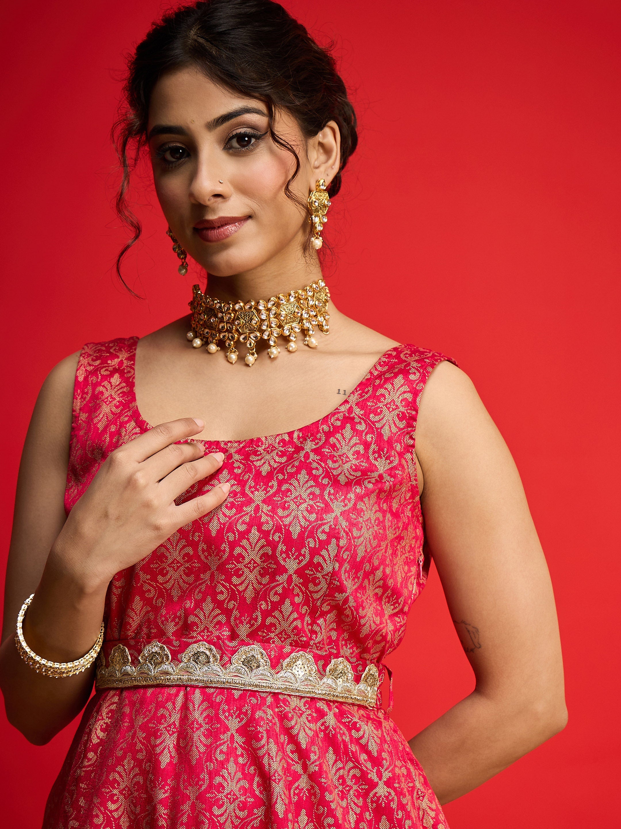 Women Fuchsia Jacquard Floral Self-Belt Anarkali Dress-SHDRS13328