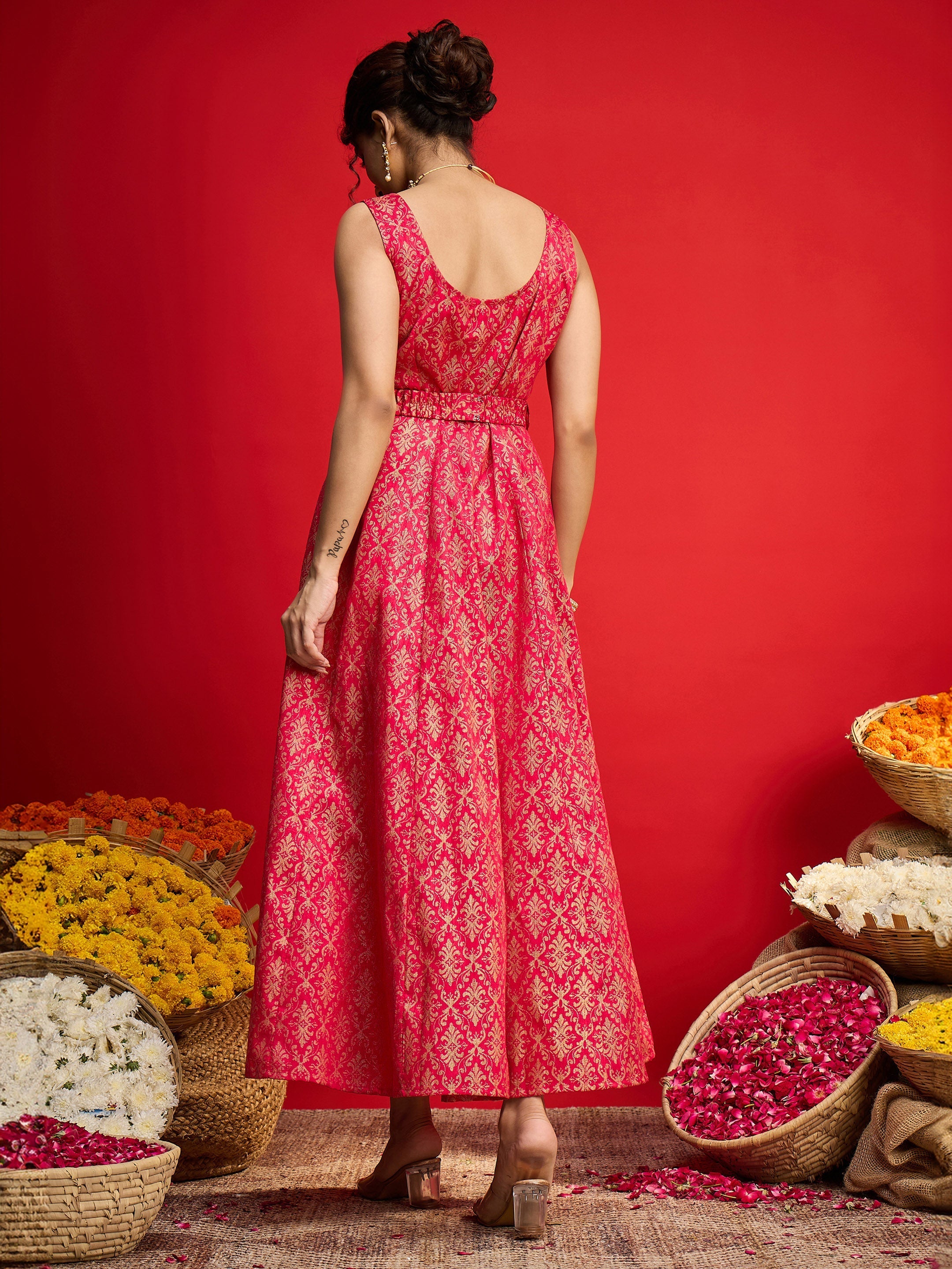 Women Fuchsia Jacquard Floral Self-Belt Anarkali Dress-SHDRS13328