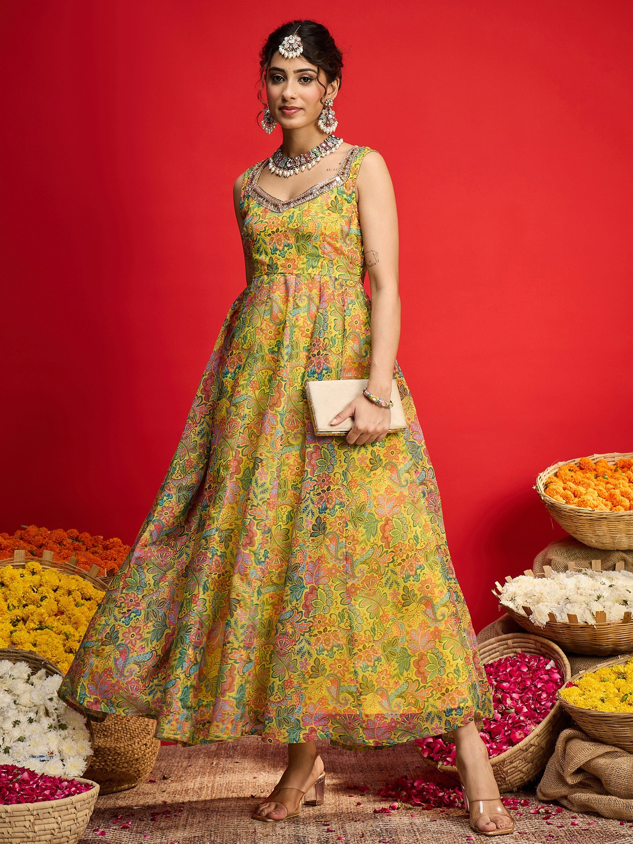Women Yellow Floral Chanderi Sleeveless Anarkali Dress-SHDRS13329