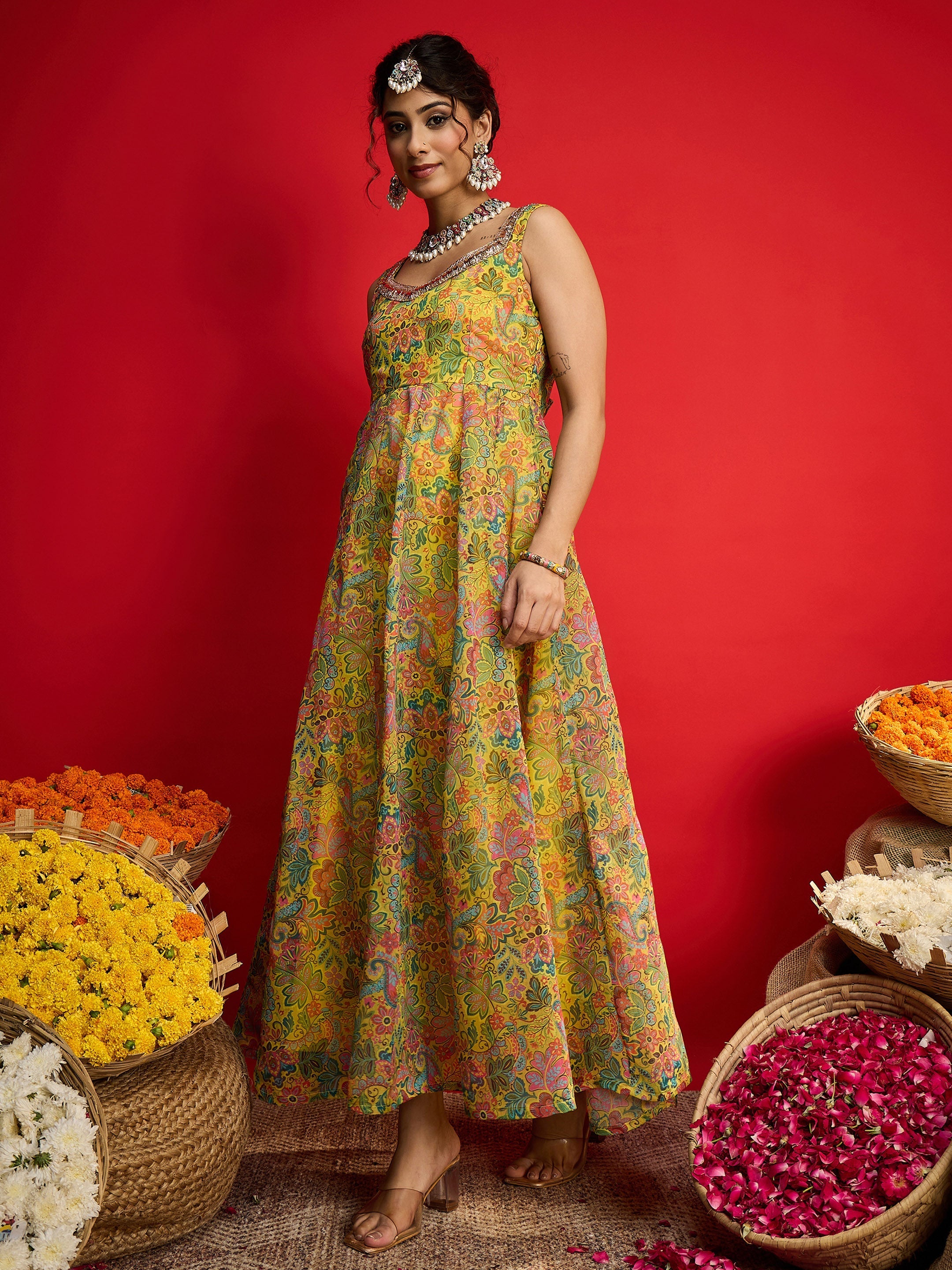 Women Yellow Floral Chanderi Sleeveless Anarkali Dress-SHDRS13329