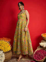 Women Yellow Floral Chanderi Sleeveless Anarkali Dress-SHDRS13329