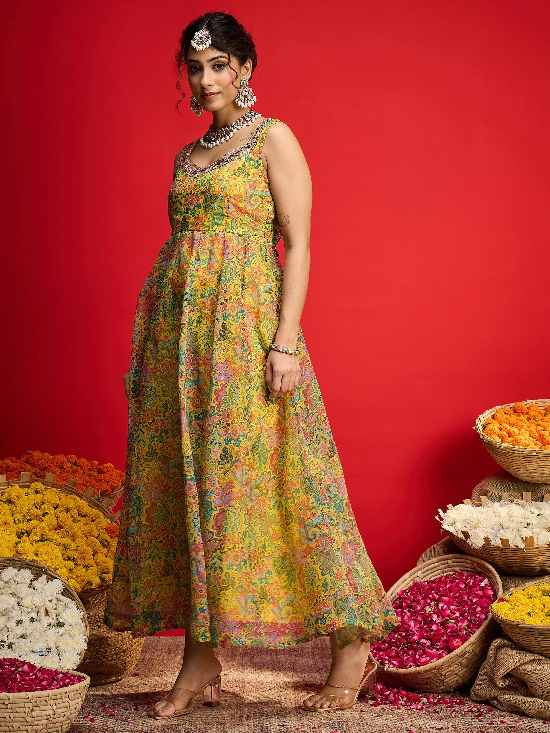 Women Yellow Floral Chanderi Sleeveless Anarkali Dress-SHDRS13329