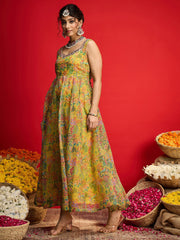 Women Yellow Floral Chanderi Sleeveless Anarkali Dress-SHDRS13329