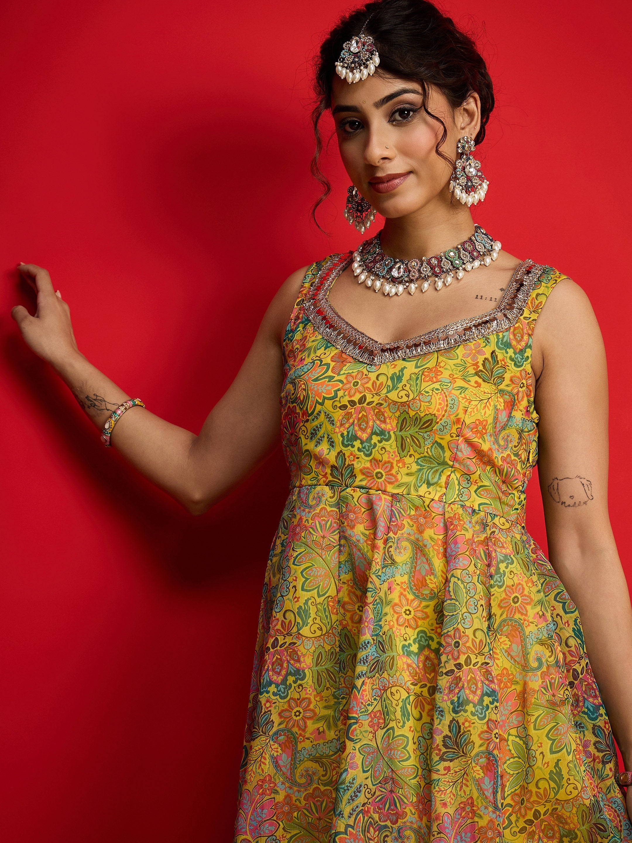 Women Yellow Floral Chanderi Sleeveless Anarkali Dress-SHDRS13329