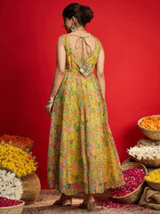 Women Yellow Floral Chanderi Sleeveless Anarkali Dress-SHDRS13329
