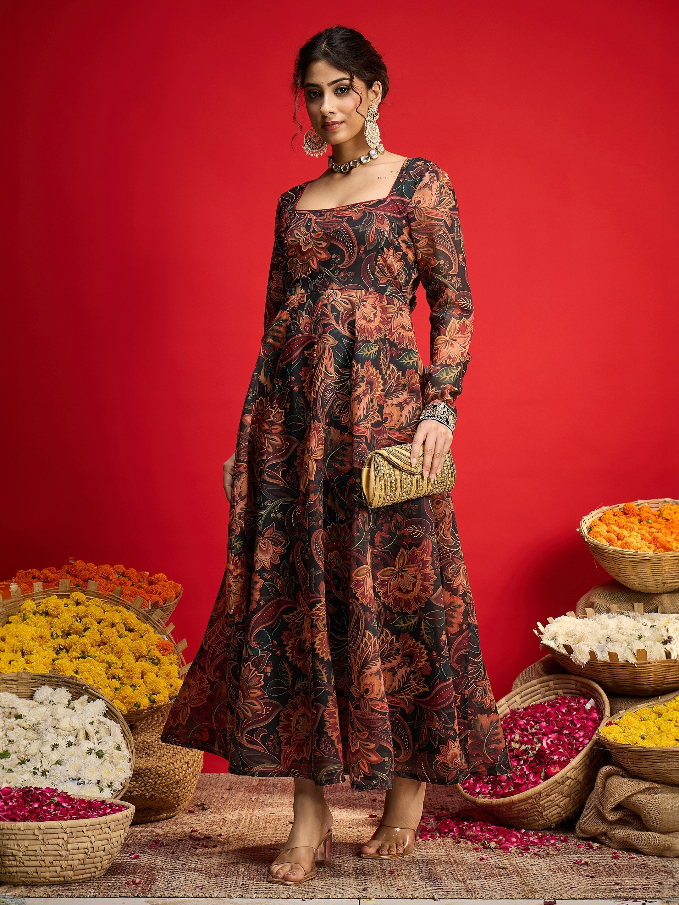 Women Black Floral Chanderi Anarkali Dress-SHDRS13330