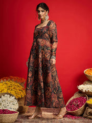 Women Black Floral Chanderi Anarkali Dress-SHDRS13330