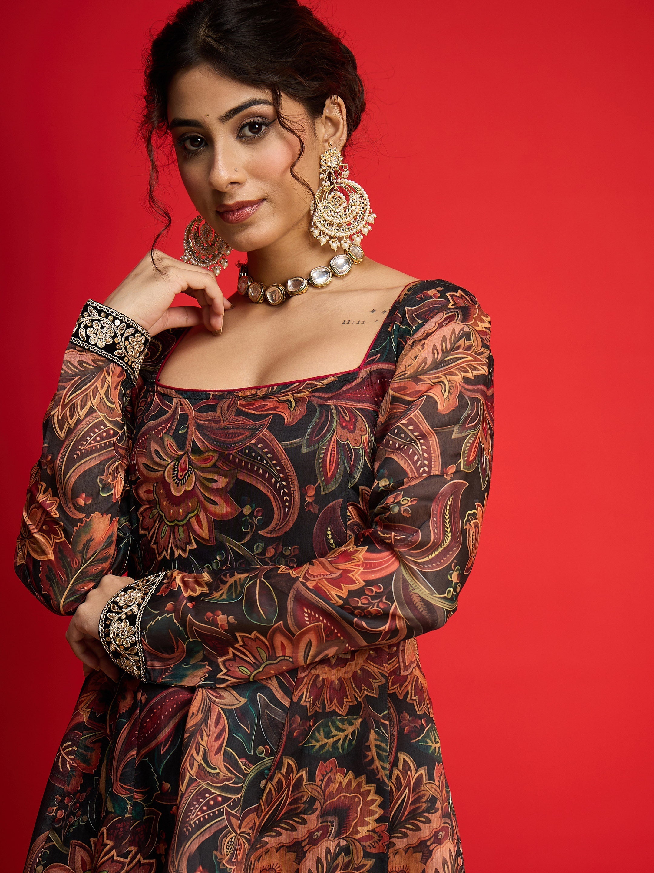 Women Black Floral Chanderi Anarkali Dress-SHDRS13330