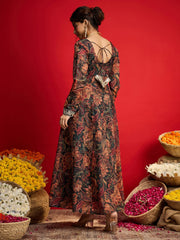 Women Black Floral Chanderi Anarkali Dress-SHDRS13330