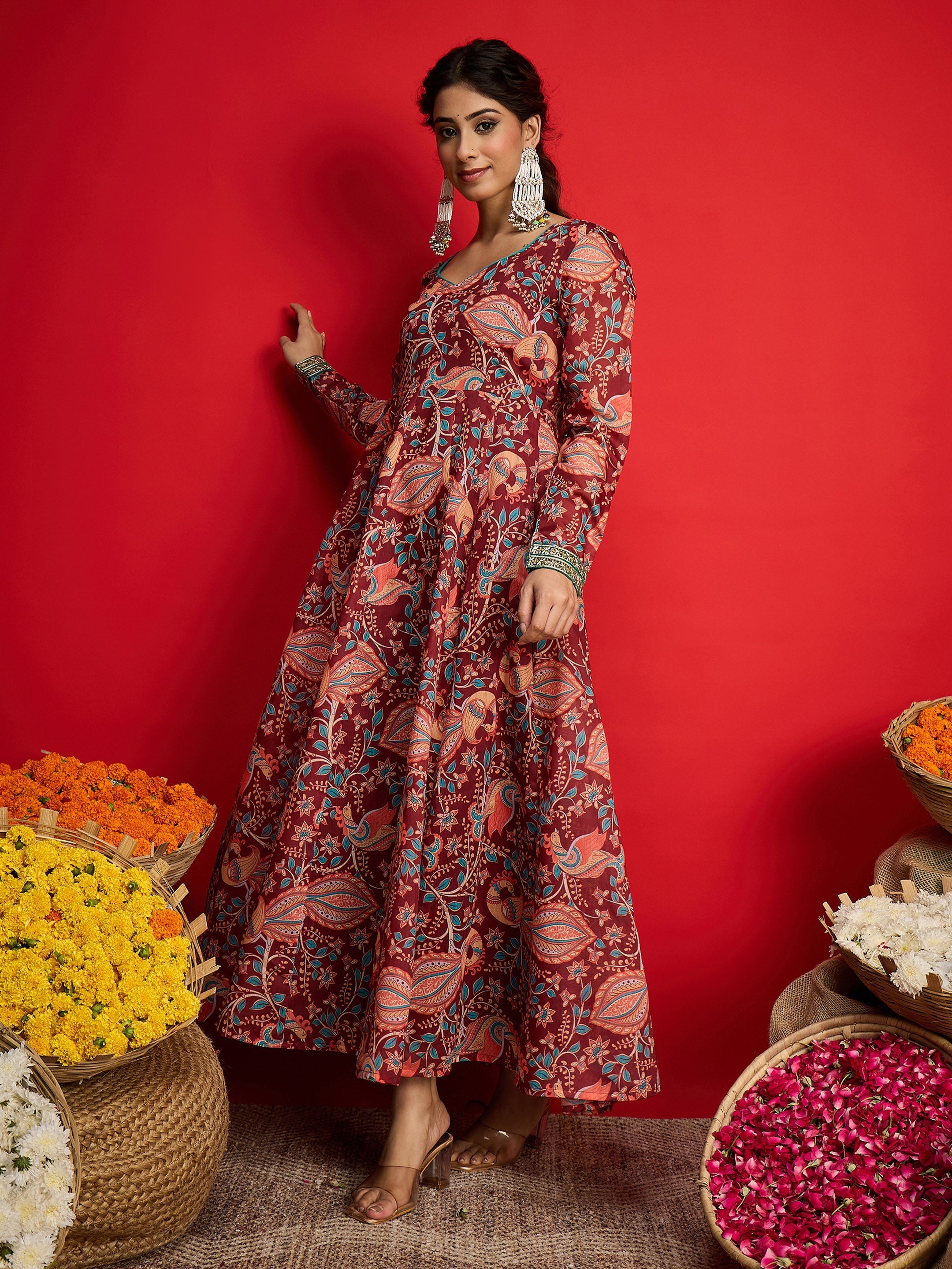 Women Maroon Floral Chanderi Anarkali Dress-SHDRS13331