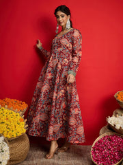 Women Maroon Floral Chanderi Anarkali Dress-SHDRS13331