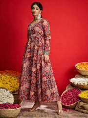 Women Maroon Floral Chanderi Anarkali Dress-SHDRS13331
