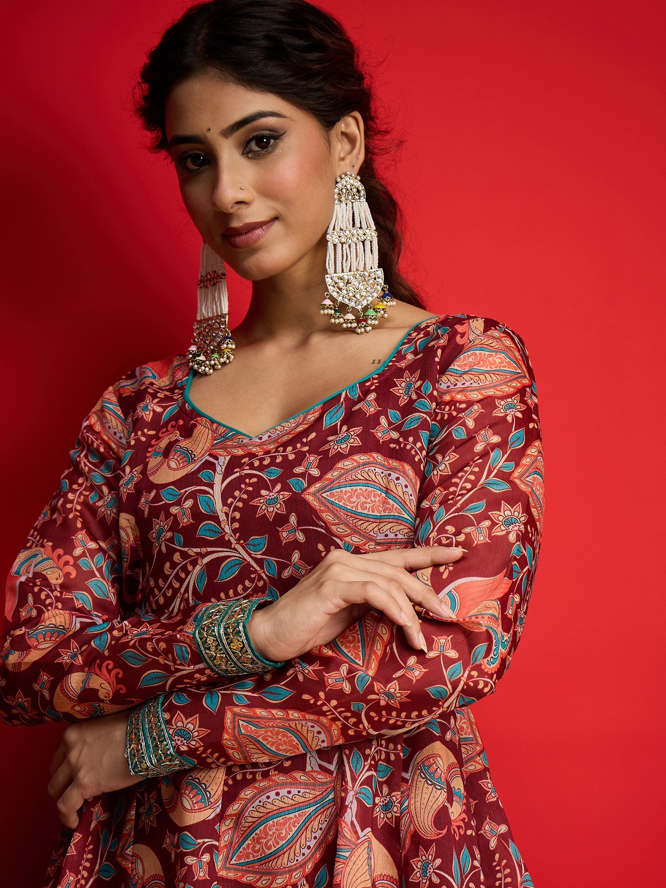 Women Maroon Floral Chanderi Anarkali Dress-SHDRS13331