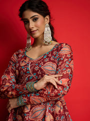 Women Maroon Floral Chanderi Anarkali Dress-SHDRS13331
