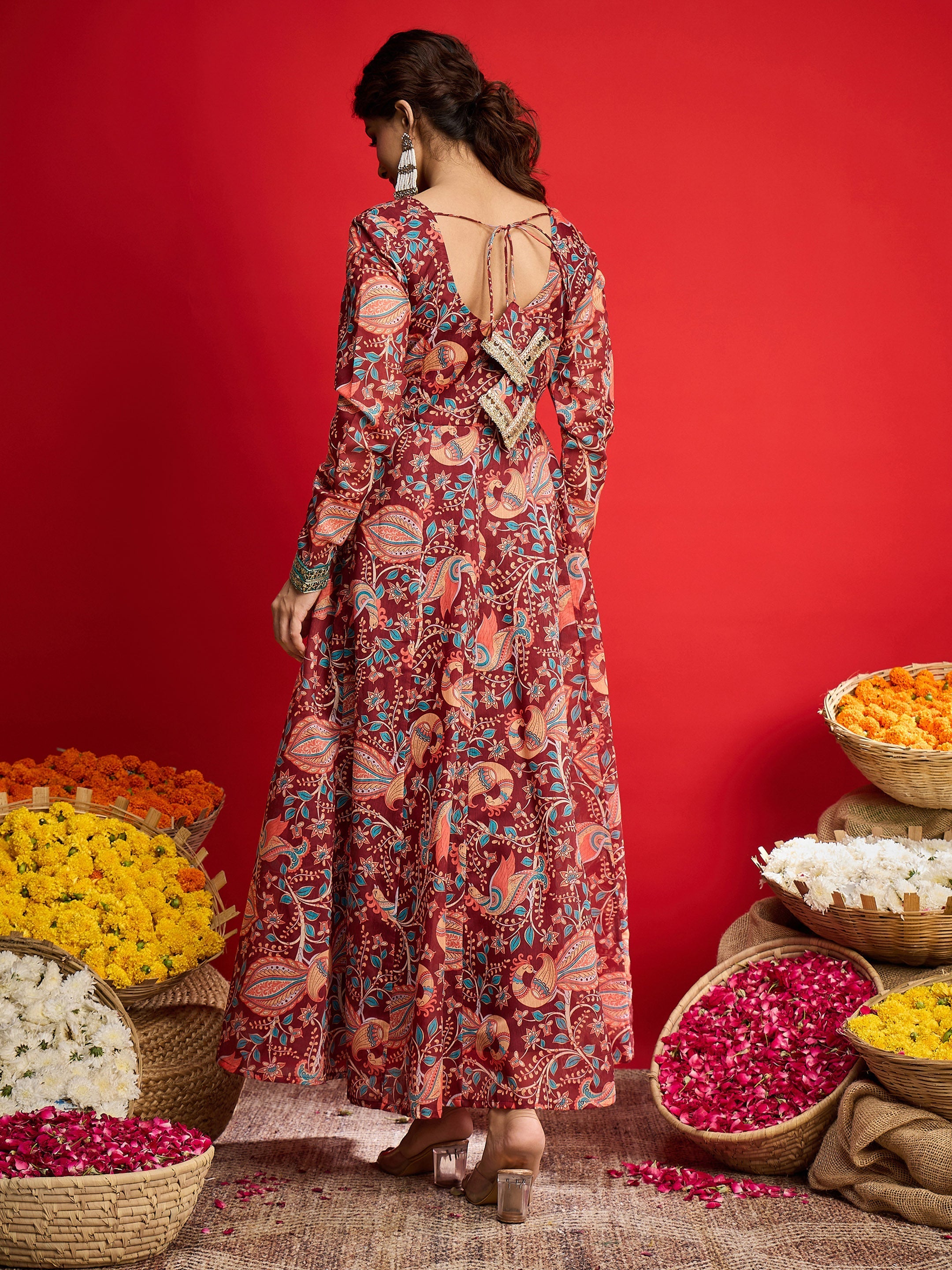 Women Maroon Floral Chanderi Anarkali Dress-SHDRS13331