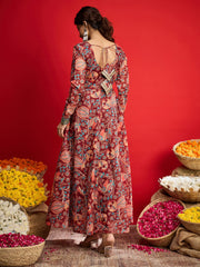 Women Maroon Floral Chanderi Anarkali Dress-SHDRS13331