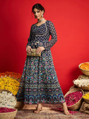 Women Navy Floral Front Dori Anarkali Dress-SHDRS13332