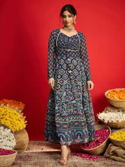 Women Navy Floral Front Dori Anarkali Dress-SHDRS13332