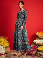 Women Navy Floral Front Dori Anarkali Dress-SHDRS13332