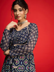 Women Navy Floral Front Dori Anarkali Dress-SHDRS13332