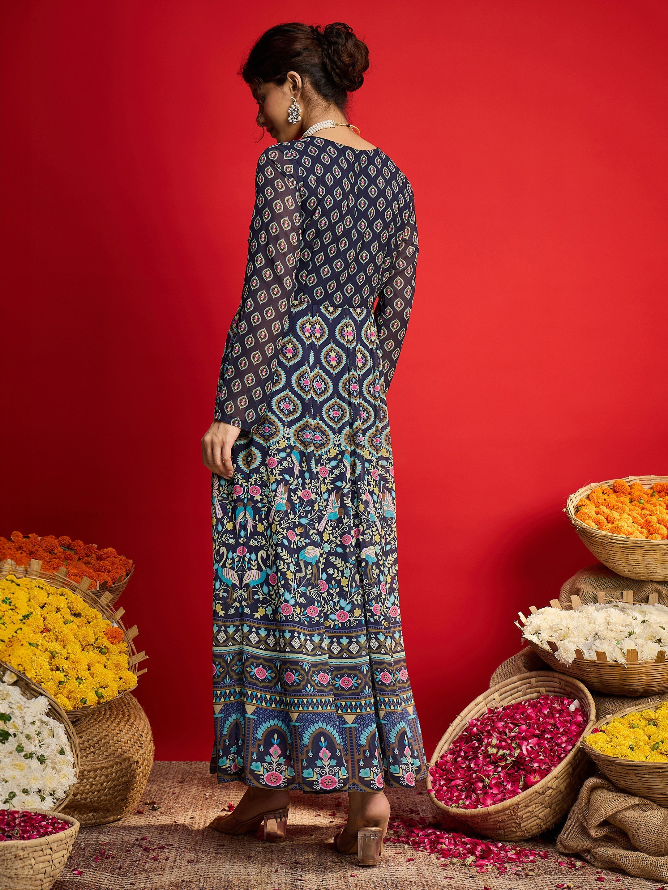 Women Navy Floral Front Dori Anarkali Dress-SHDRS13332