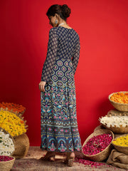Women Navy Floral Front Dori Anarkali Dress-SHDRS13332