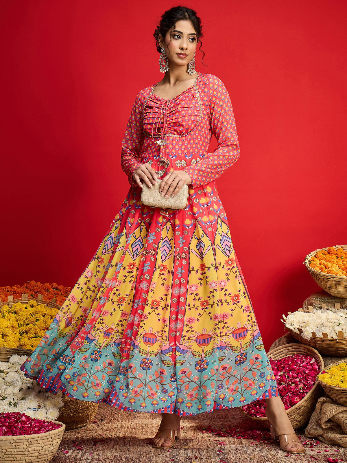 Women Pink Floral Front Dori Anarkali Dress-SHDRS13333