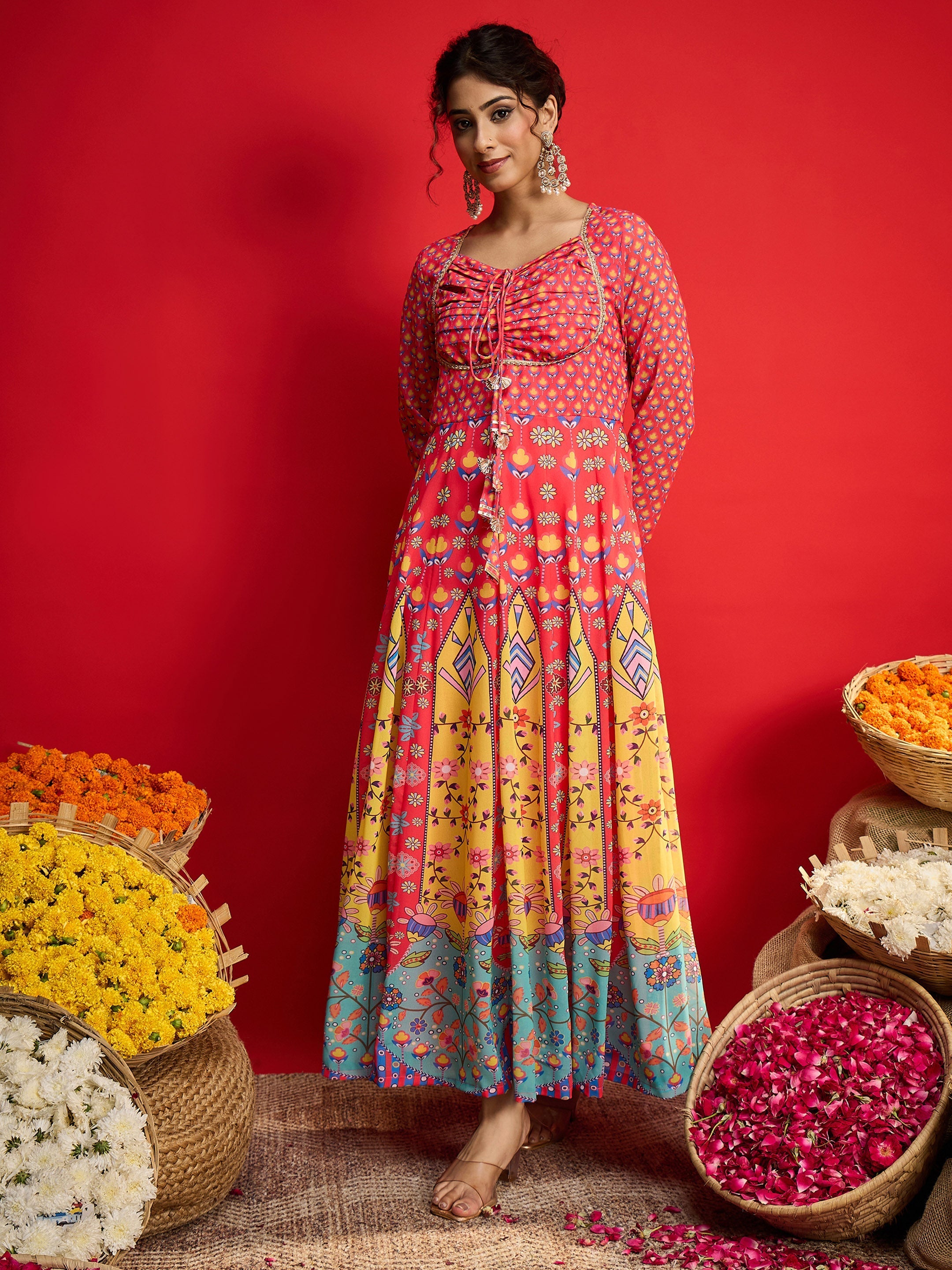 Women Pink Floral Front Dori Anarkali Dress-SHDRS13333
