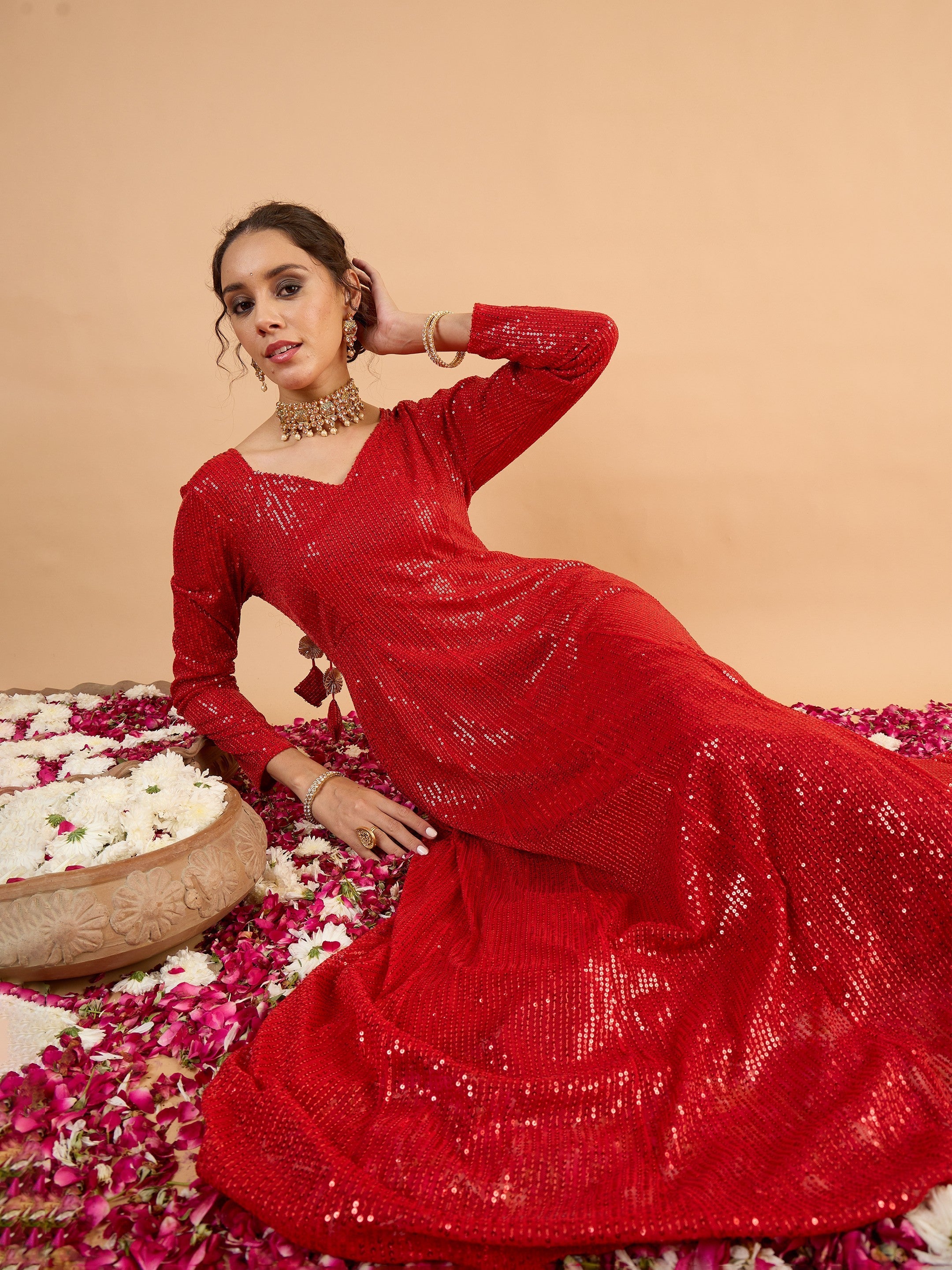 Women Red Sequence Sweetheart Neck Anarkali Dress-SHDRS13423