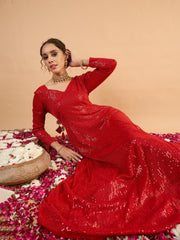 Women Red Sequence Sweetheart Neck Anarkali Dress-SHDRS13423