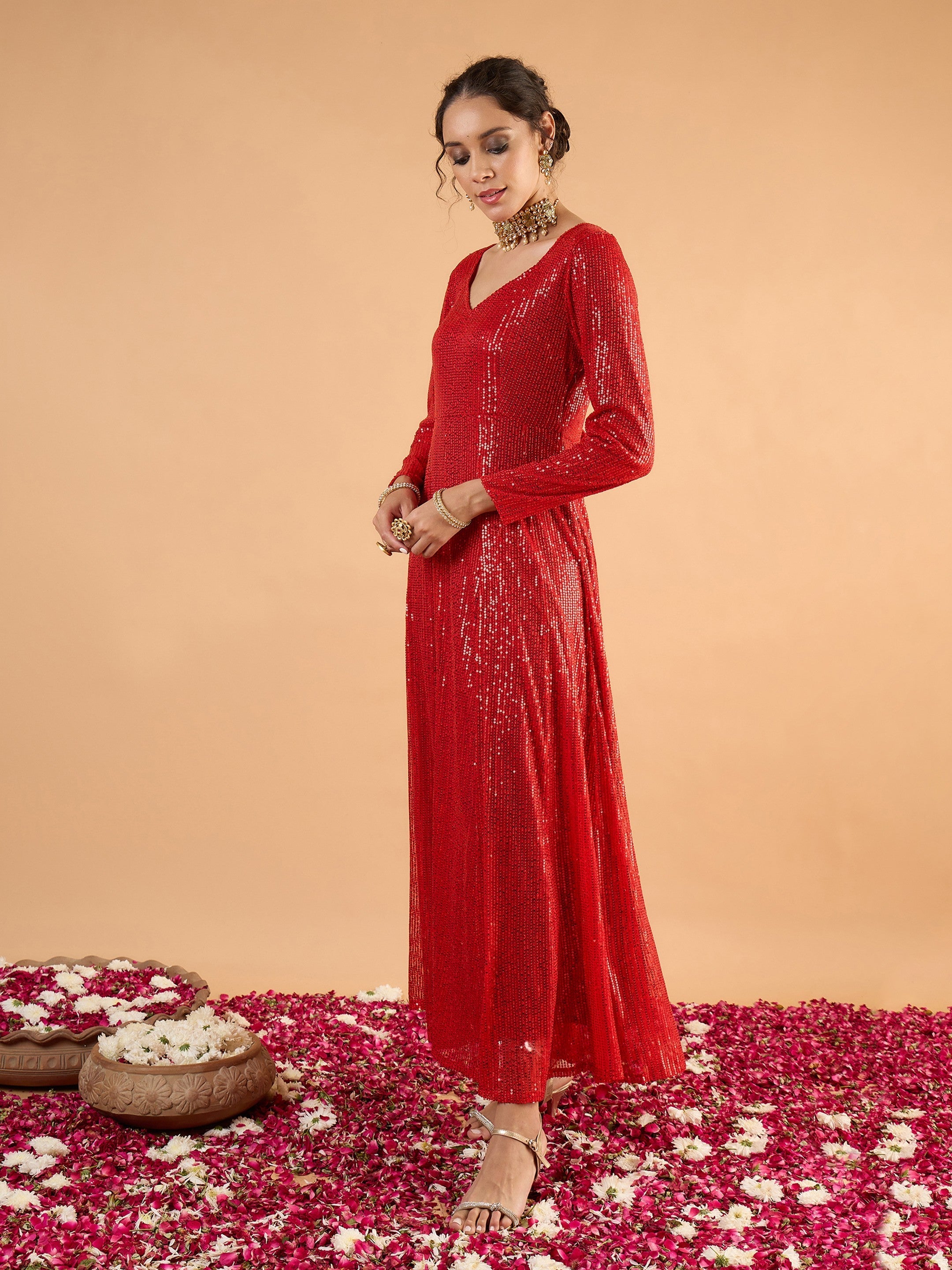 Women Red Sequence Sweetheart Neck Anarkali Dress-SHDRS13423