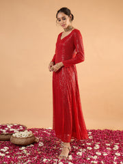 Women Red Sequence Sweetheart Neck Anarkali Dress-SHDRS13423