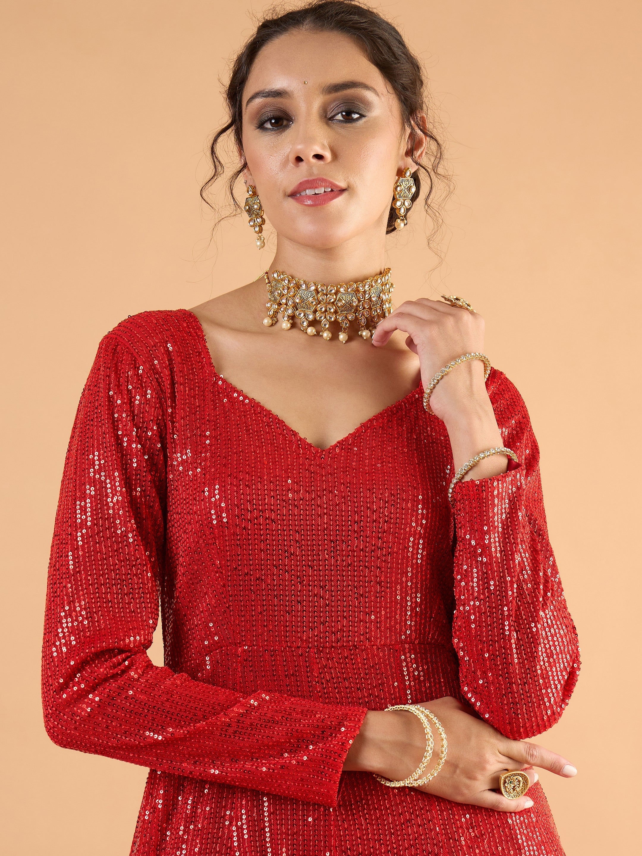 Women Red Sequence Sweetheart Neck Anarkali Dress-SHDRS13423