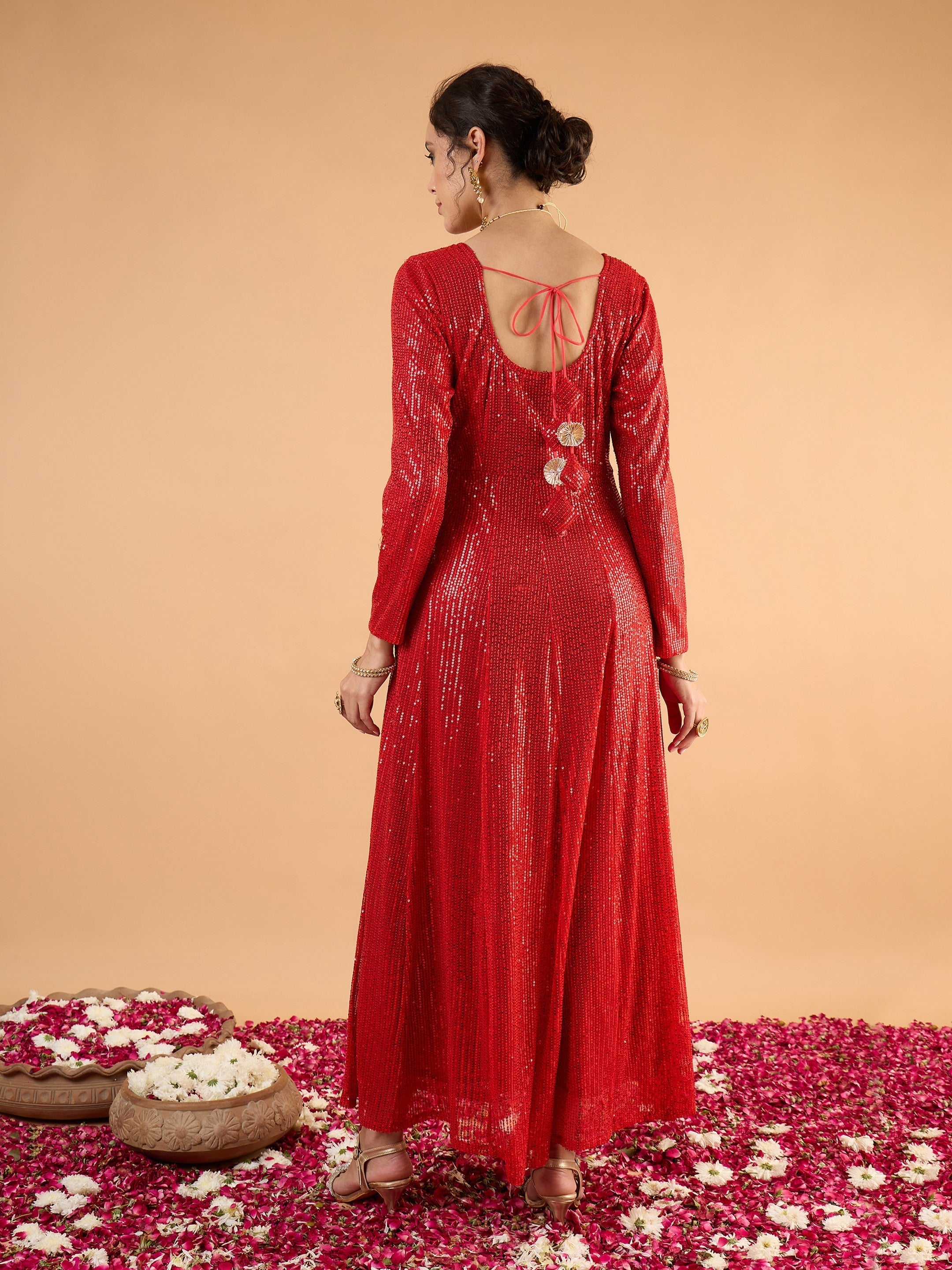 Women Red Sequence Sweetheart Neck Anarkali Dress-SHDRS13423