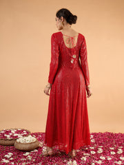 Women Red Sequence Sweetheart Neck Anarkali Dress-SHDRS13423