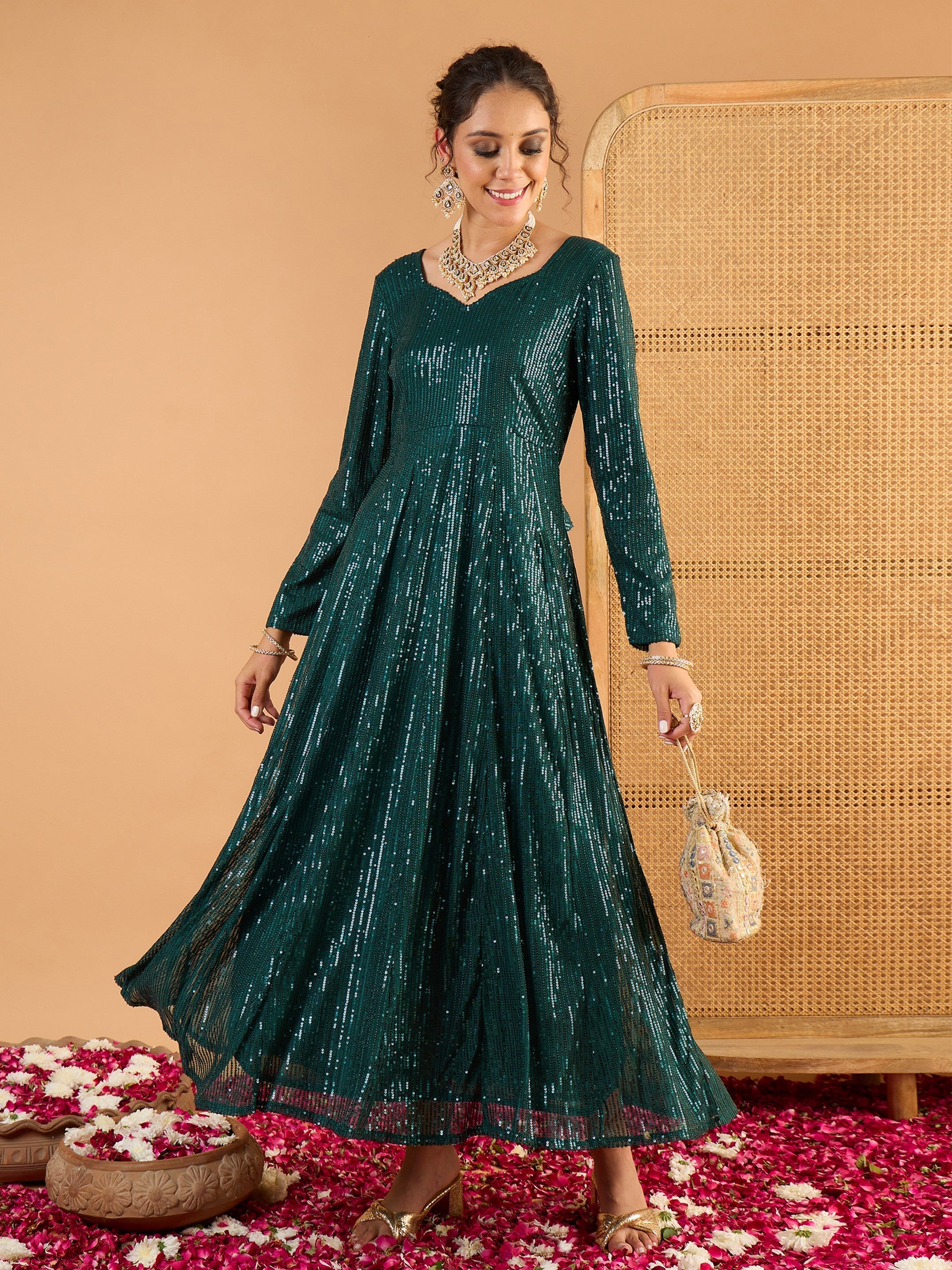 Women Teal Green Sequence Sweetheart Neck Anarkali Dress-SHDRS13424