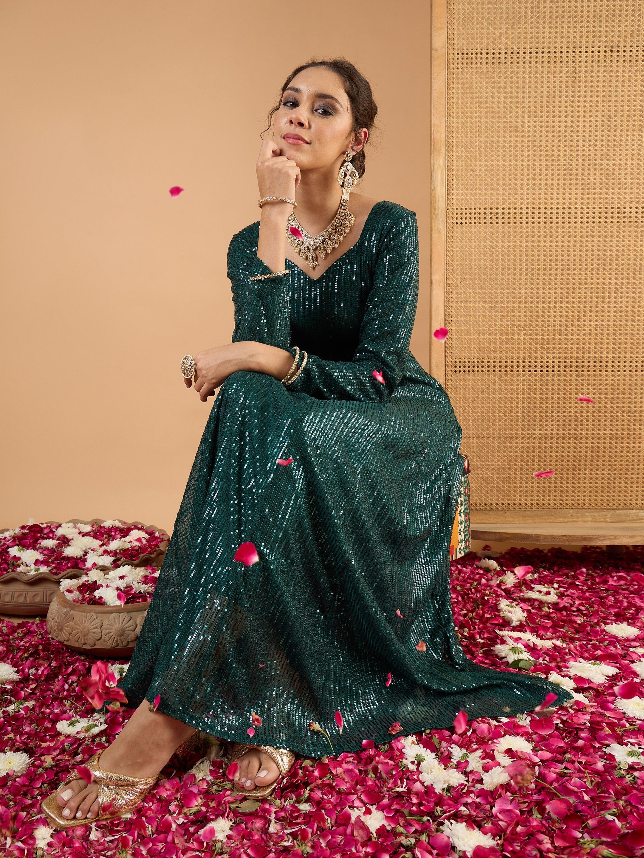 Women Teal Green Sequence Sweetheart Neck Anarkali Dress-SHDRS13424