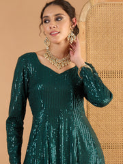 Women Teal Green Sequence Sweetheart Neck Anarkali Dress-SHDRS13424