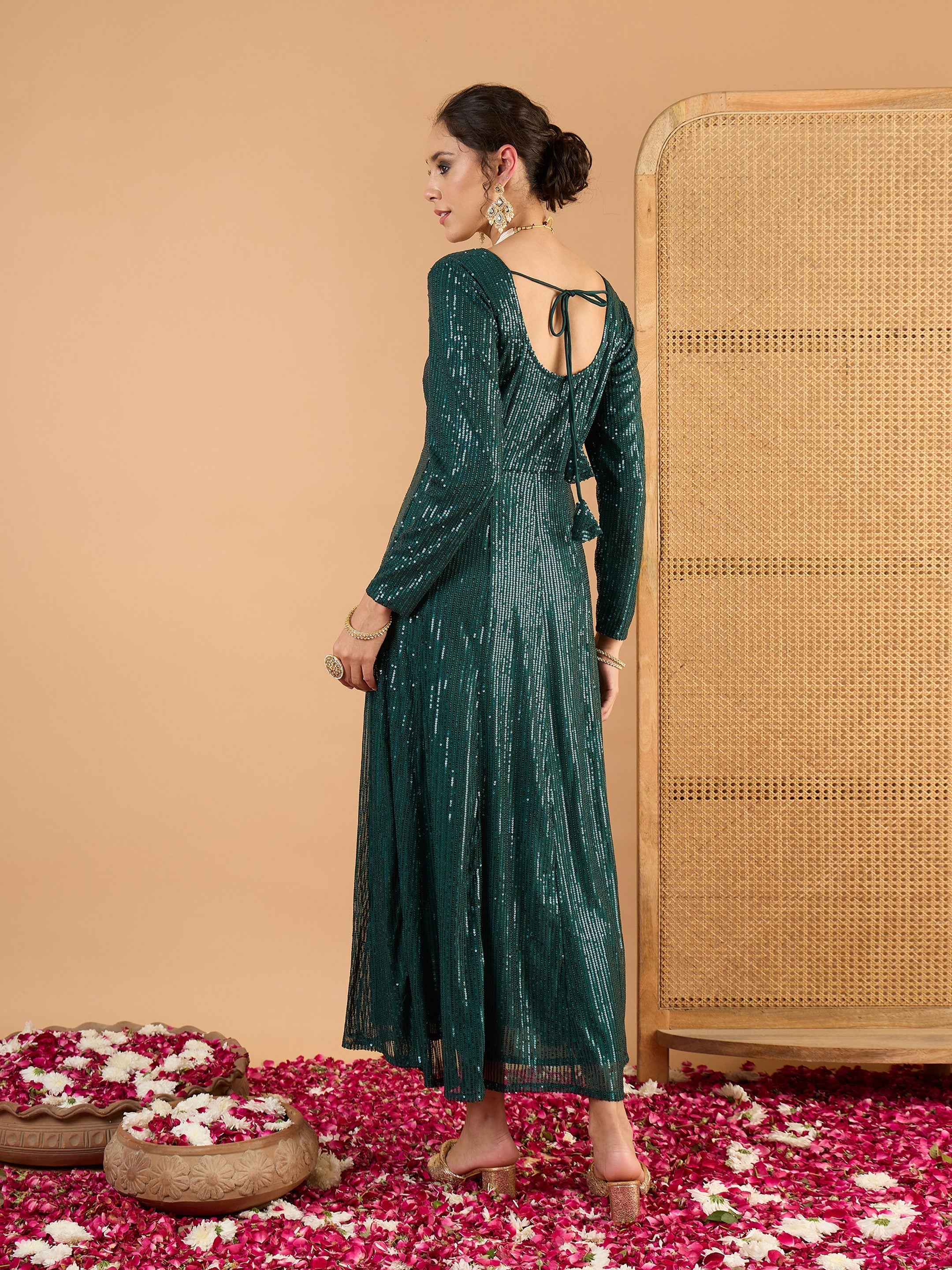 Women Teal Green Sequence Sweetheart Neck Anarkali Dress-SHDRS13424