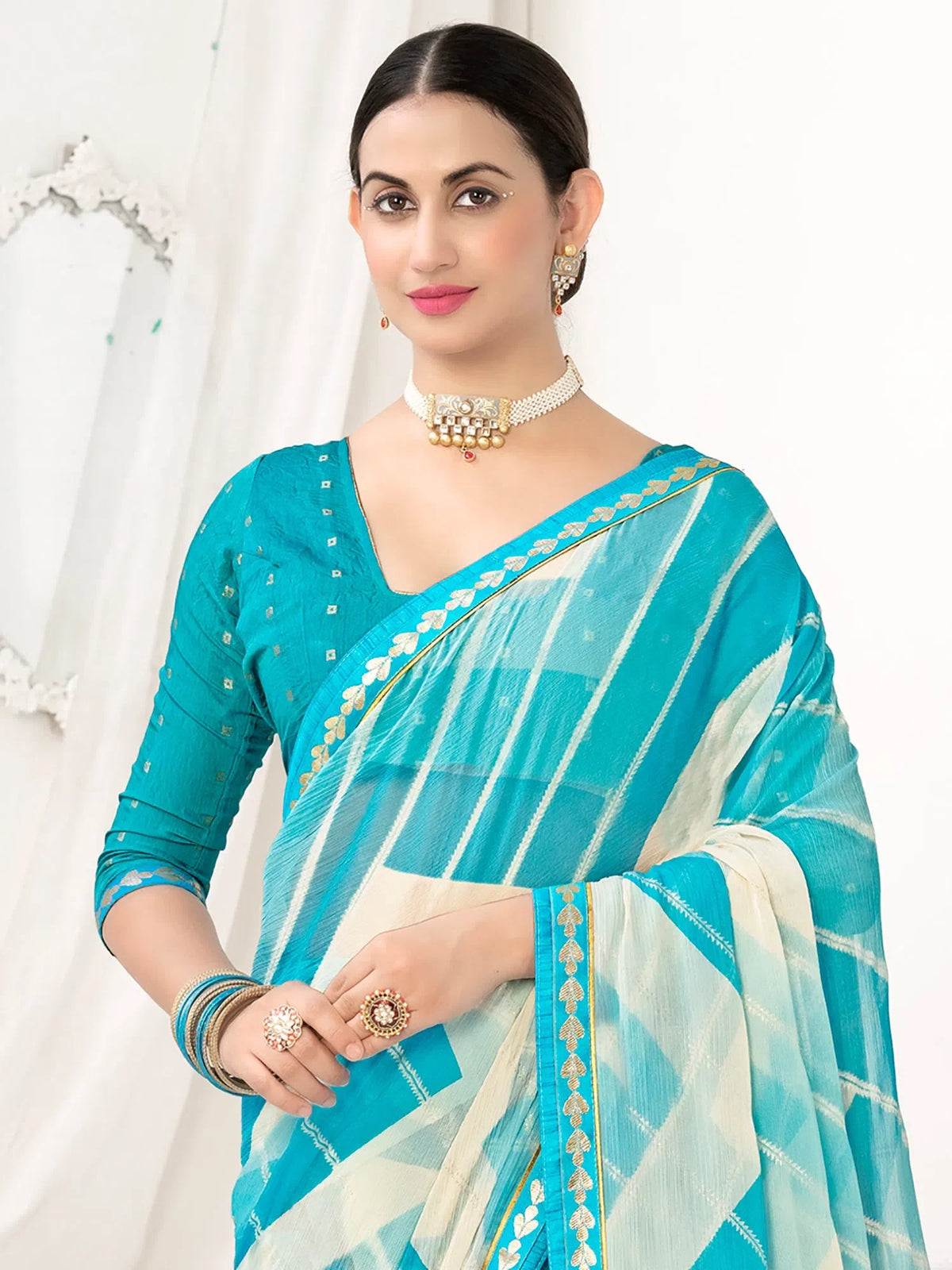 Women's Chiffon Blue Embellished Designer Saree With Blouse Piece-SHIVIKA1004