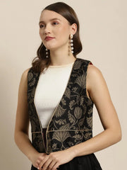 Women Printed Black Sleeveless Jacket