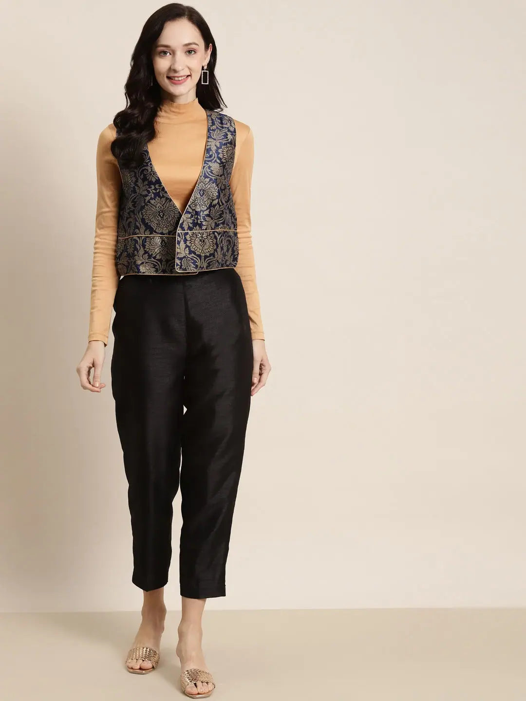 Women's Printed Navy Sleeveless Jacket | Fashion Outerwear