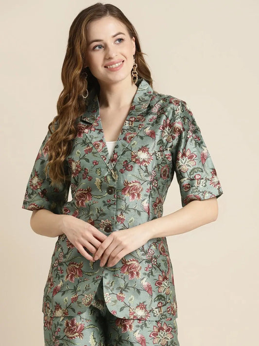 Women Printed Olive Half Sleeve Jacket 1080