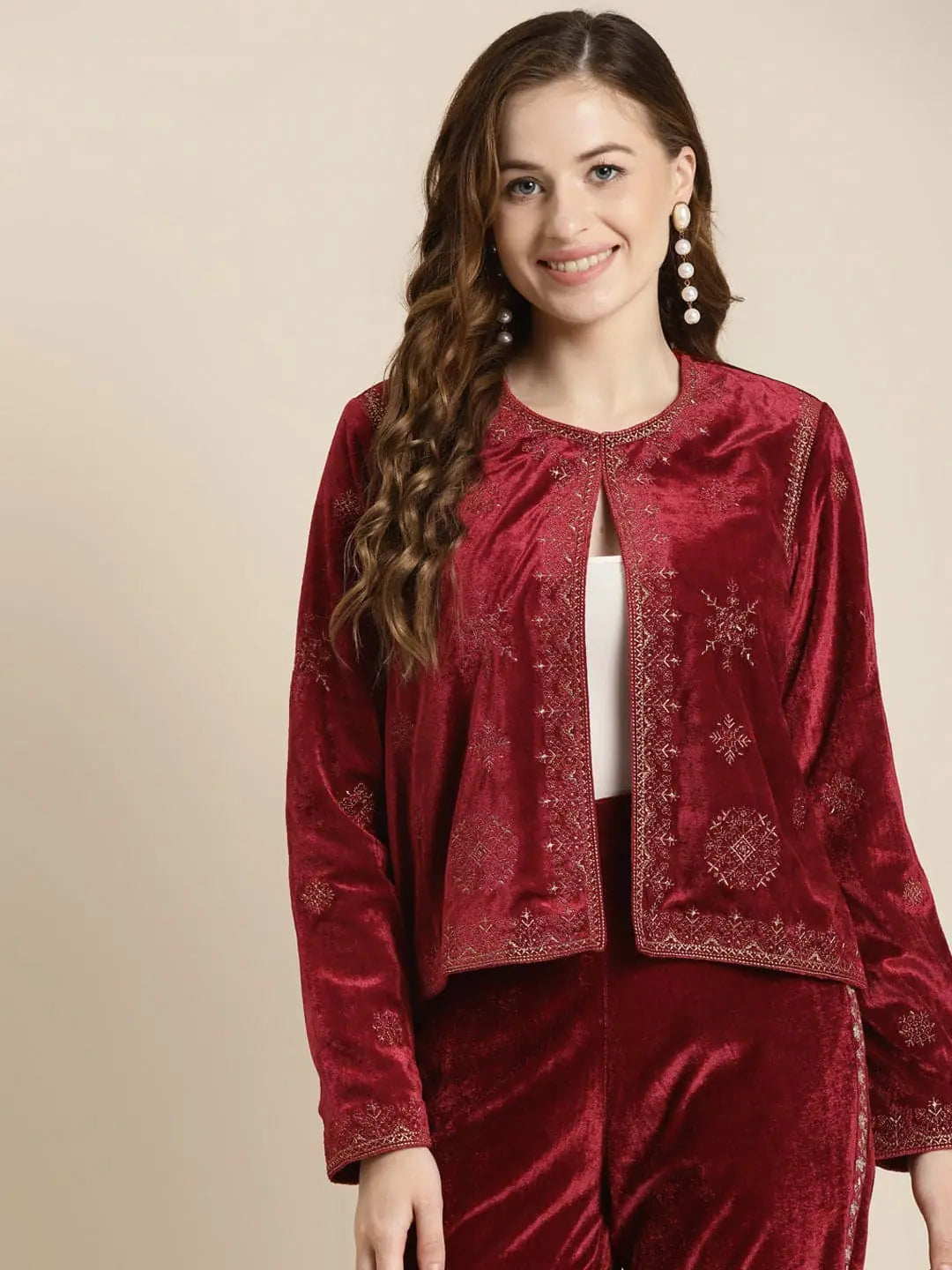 Women Embroidered Maroon Round Neck Full Sleeve Jacket