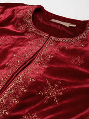 Women Embroidered Maroon Round Neck Full Sleeve Jacket
