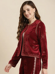 Women Embroidered Maroon Round Neck Full Sleeve Jacket