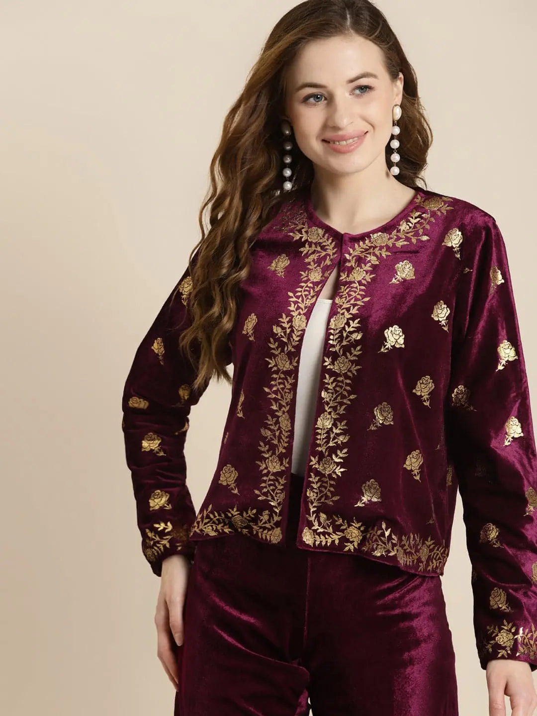 Women Printed Purple Round Neck Full Sleeve Jacket