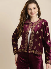 Women Printed Purple Round Neck Full Sleeve Jacket