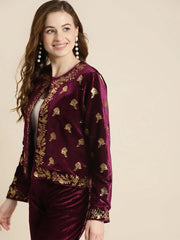 Women Printed Purple Round Neck Full Sleeve Jacket